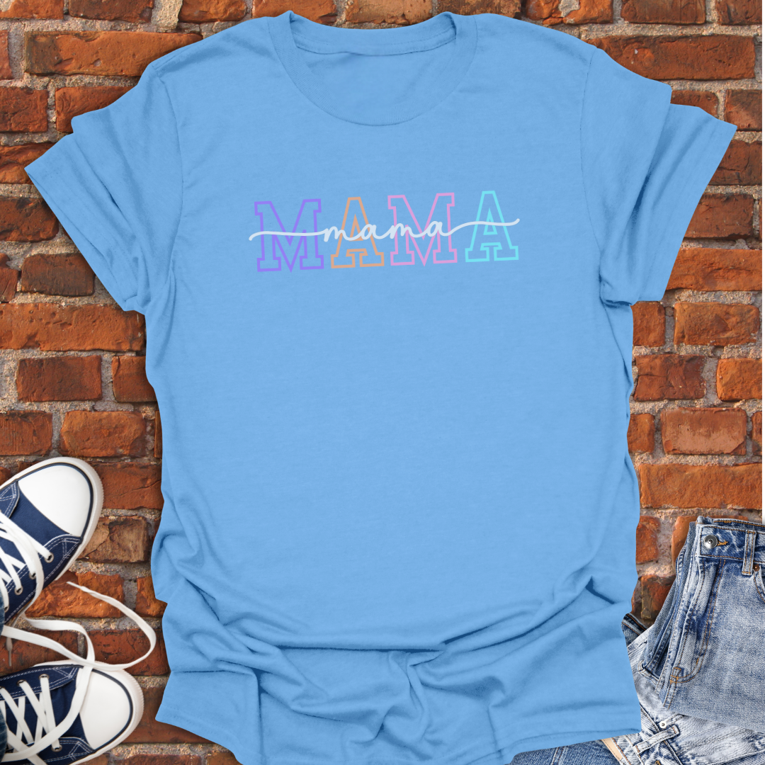 MAMA Varsity cursive multi-color Softstyle T-Shirt size XS to 5XL