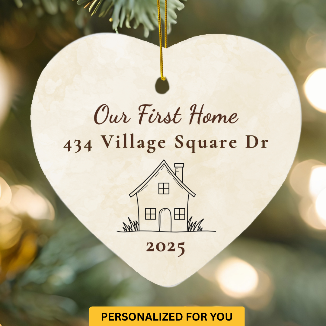 Personalized “Our First Home” Ornament – Heart Shape, Address & Year Keepsake