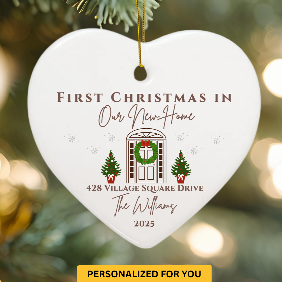Personalized “First Christmas in Our New Home” Ornament – Heart Shape, Doorway Design with Address, Name & Year