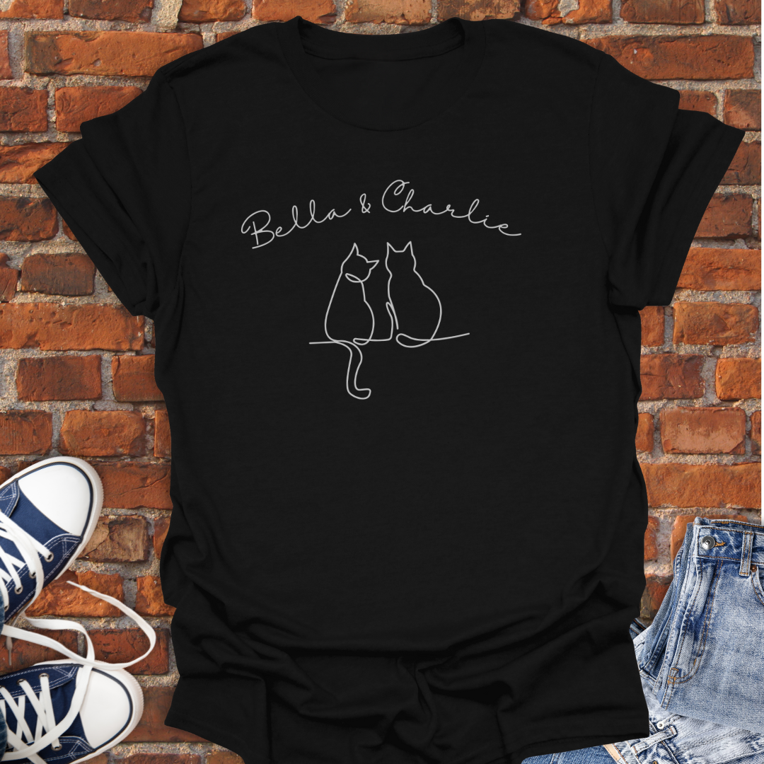 Personalized Two Cats Sitting Together line art Softstyle T-Shirt size XS to 5XL