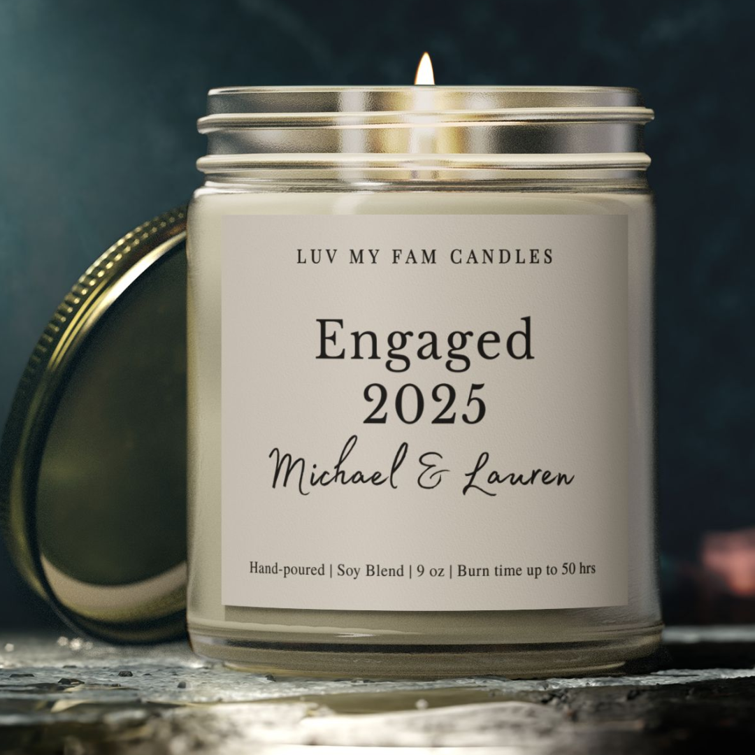 Personalized Engaged 2025 Candle – Custom Name Engagement Gift | 9oz Coconut Apricot Wax
