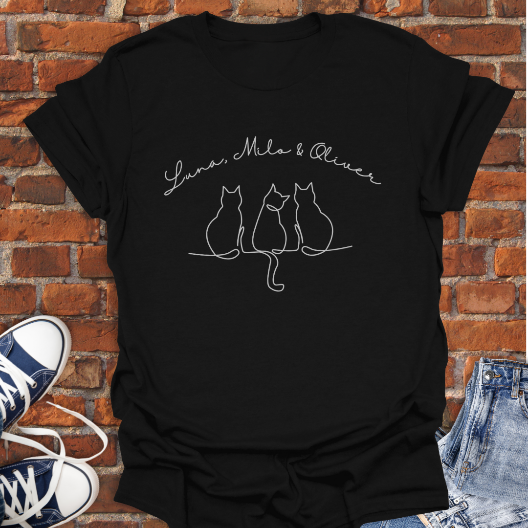 Personalized Three Cats Sitting Together line art Softstyle T-Shirt size XS to 5XL