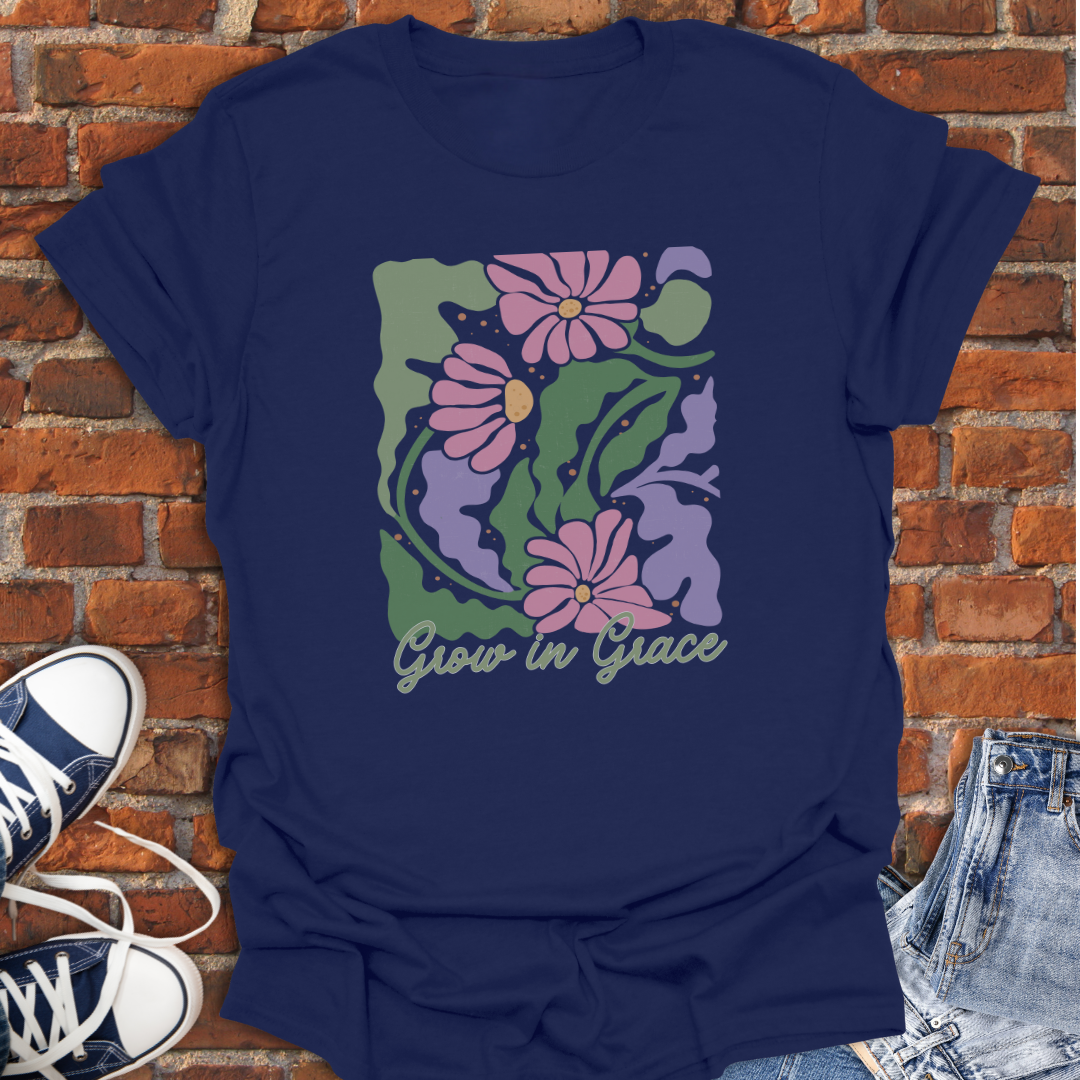 Grow in Grace -boho pink purple floral Faith T-Shirt size XS to 5XL
