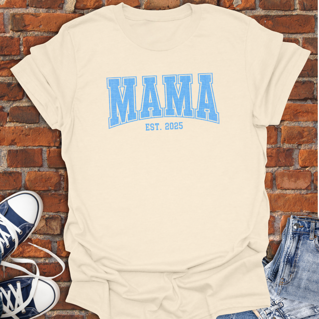 MAMA EST Blue varsity curved Softstyle T-Shirt size XS to 5XL