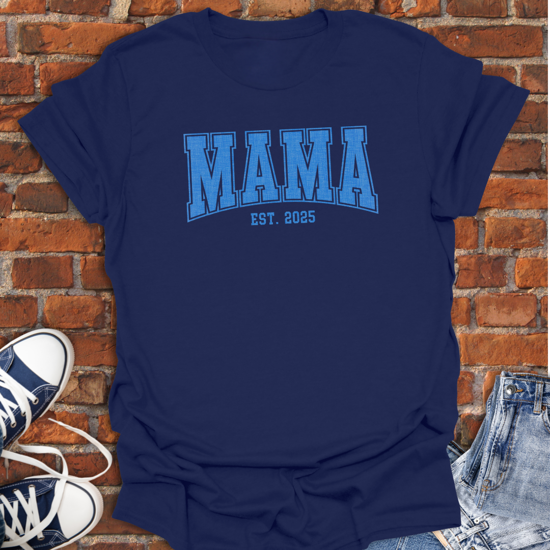 MAMA EST Blue varsity curved Softstyle T-Shirt size XS to 5XL