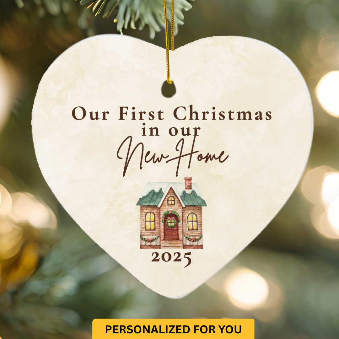 Personalized “Our First Christmas in Our New Home” Ornament – Heart Shape, Snowy House Design with Year