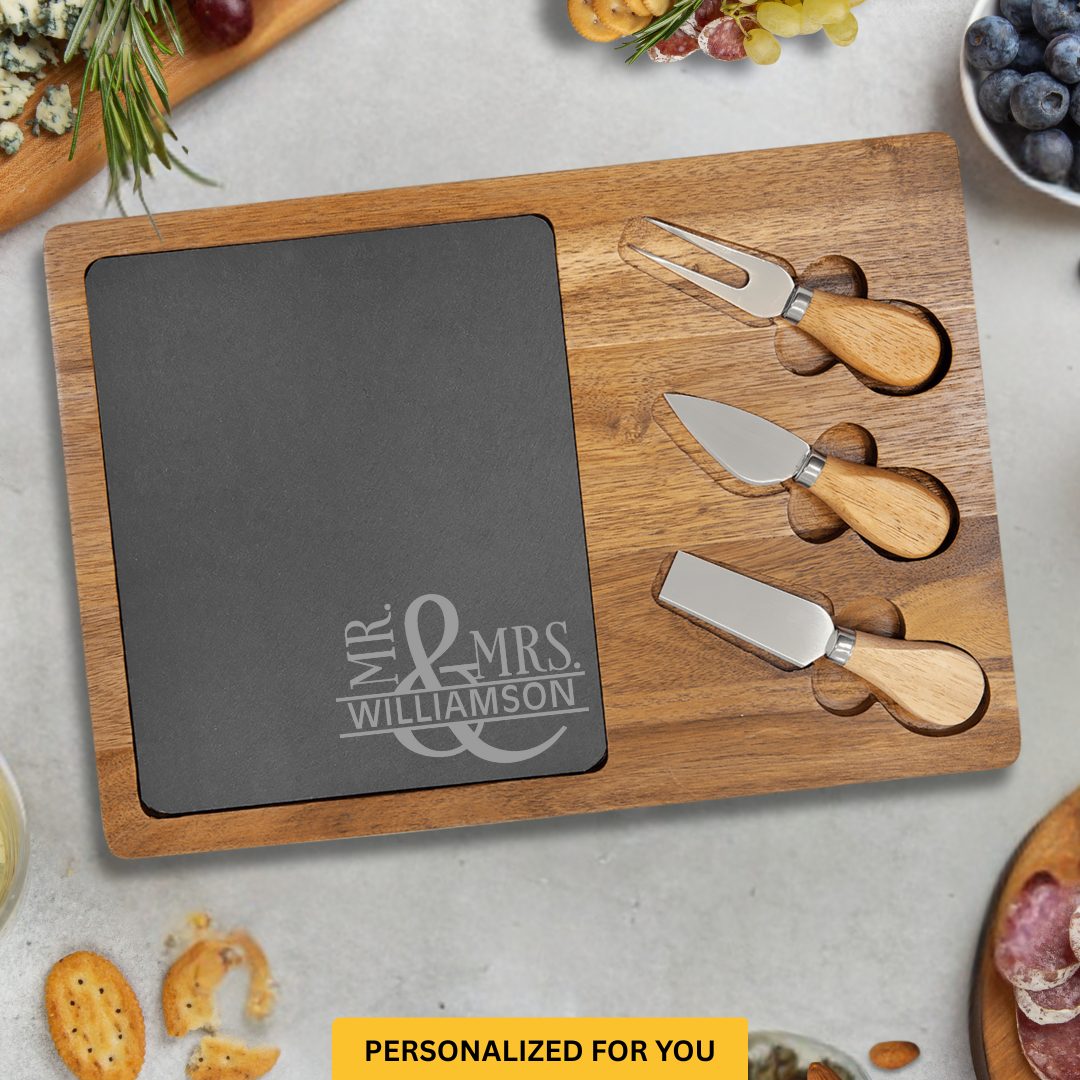 Personalized Charcuterie Board with Corner Mr & Mrs Design – Custom Engraved Wedding Gift, Housewarming & Closing Gift