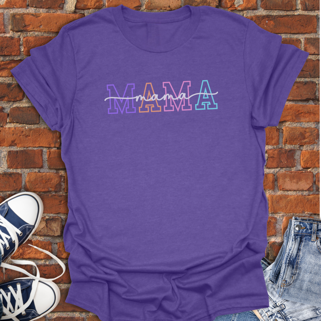 MAMA Varsity cursive multi-color Softstyle T-Shirt size XS to 5XL