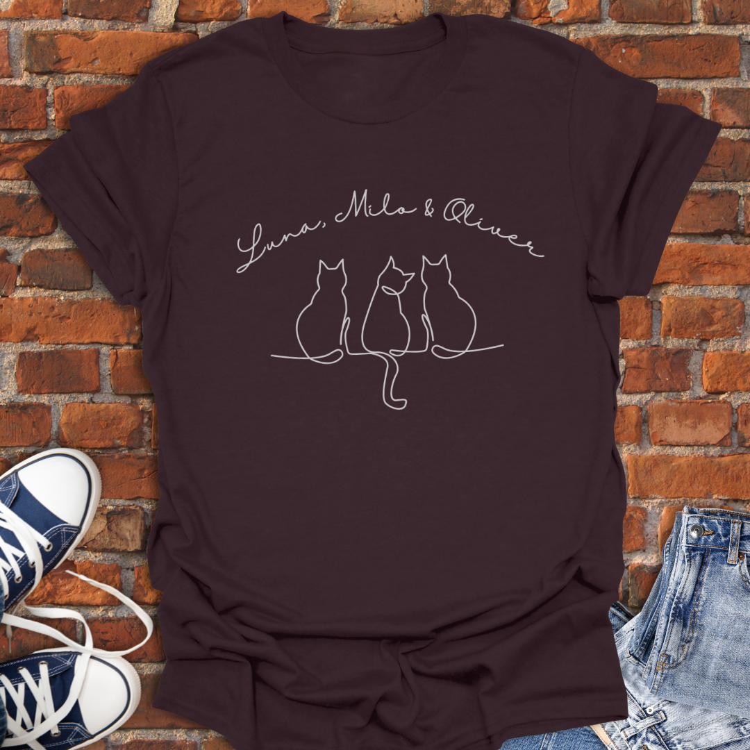 Personalized Three Cats Sitting Together line art Softstyle T-Shirt size XS to 5XL