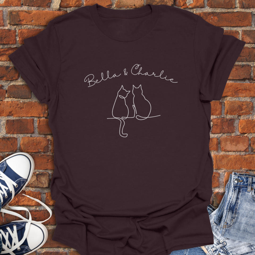 Personalized Two Cats Sitting Together line art Softstyle T-Shirt size XS to 5XL