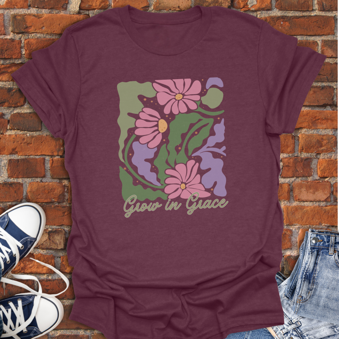 Grow in Grace -boho pink purple floral Faith T-Shirt size XS to 5XL