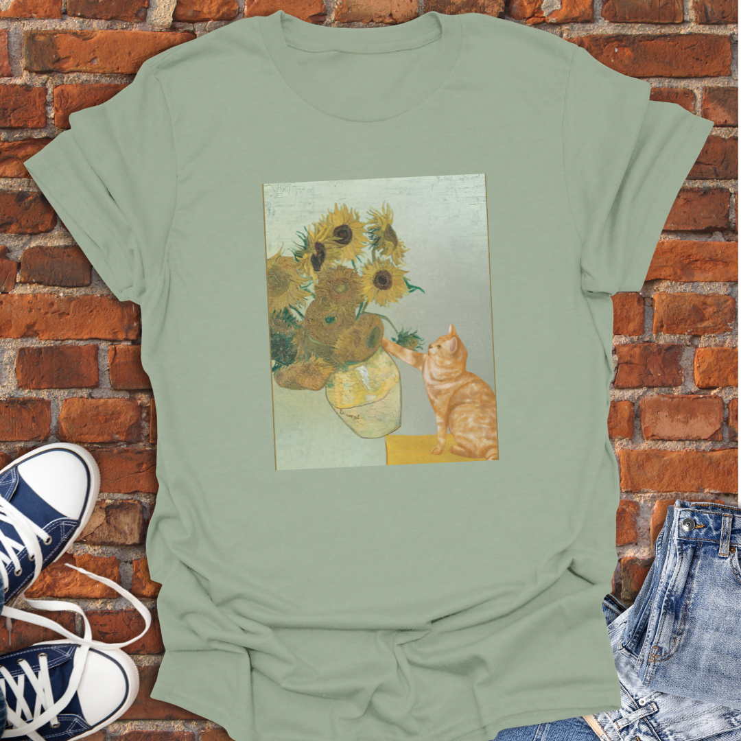 Cat Van Gogh Sunflower Vase Knocked Over Softstyle T-Shirt size XS to 5XL