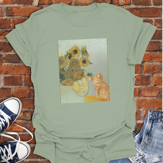 Cat Van Gogh Sunflower Vase Knocked Over Softstyle T-Shirt size XS to 5XL