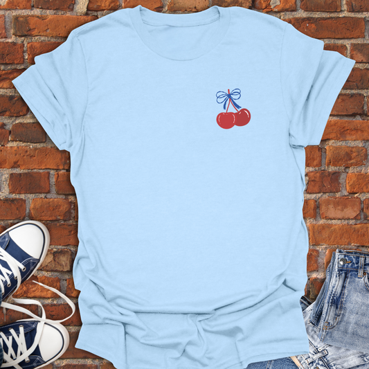 Cherry Coquette Blue Bow -pocket style Softstyle T-Shirt size XS to 5XL