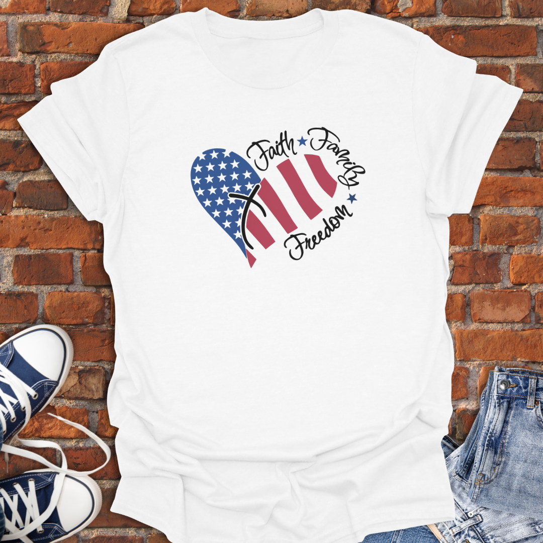 Faith Family Freedom Heart -stars & stripes Softstyle T-Shirt size XS to 5XL