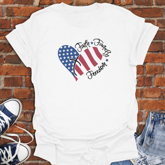 Faith Family Freedom Heart -stars & stripes Softstyle T-Shirt size XS to 5XL
