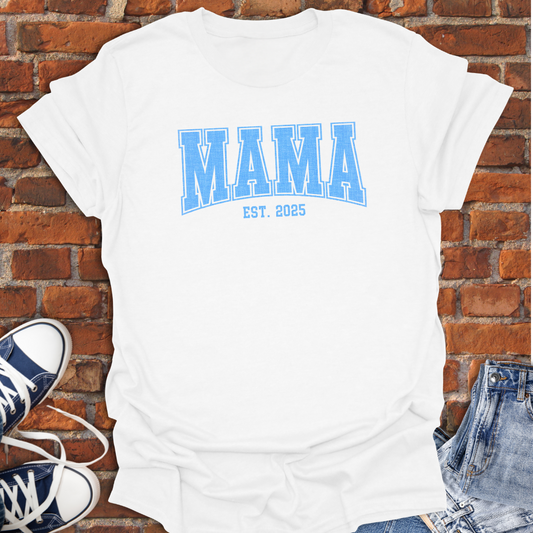 MAMA EST Blue varsity curved Softstyle T-Shirt size XS to 5XL