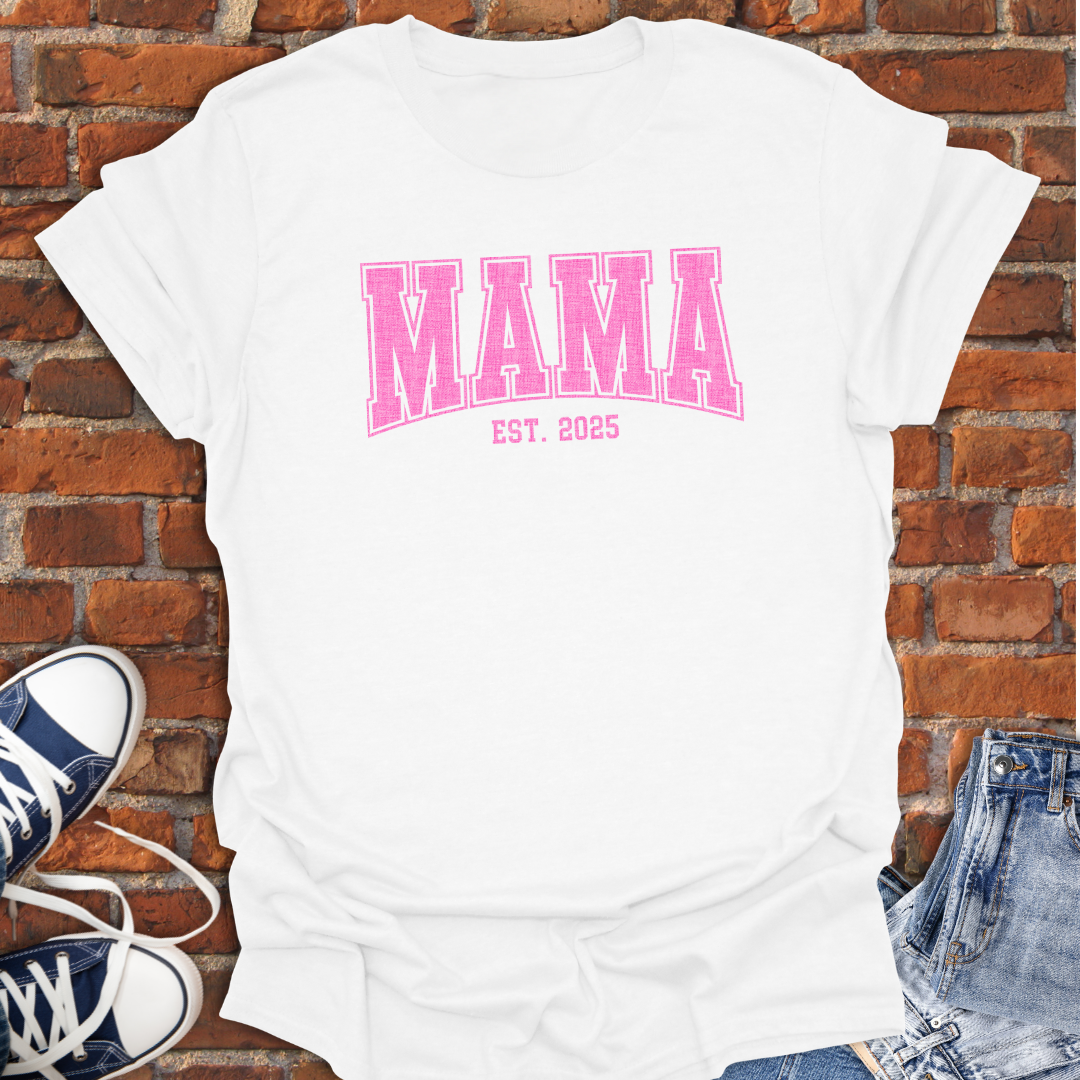 MAMA EST Pink varsity curved Softstyle T-Shirt size XS to 5XL