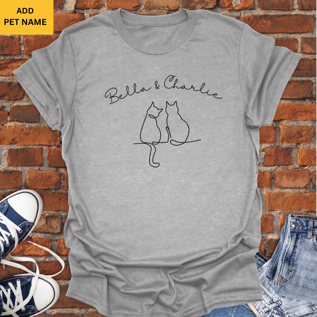 Personalized Two Cats Sitting Together line art Softstyle T-Shirt size XS to 5XL