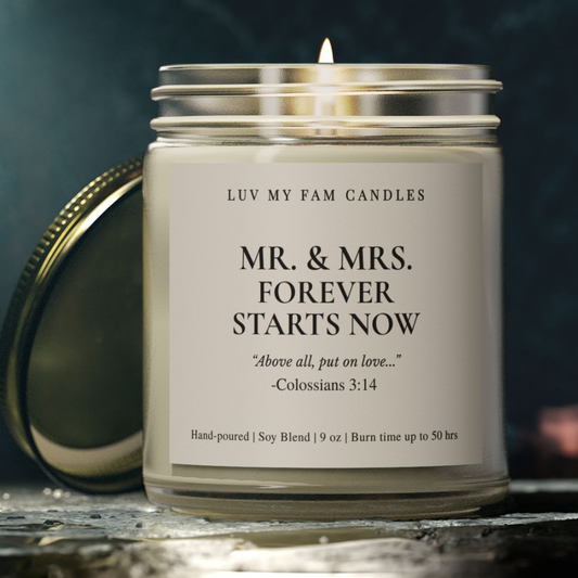 Mr. & Mrs. Forever Starts Now – Colossians 3:14 Candle with Scripture | 9oz Coconut Apricot Wax