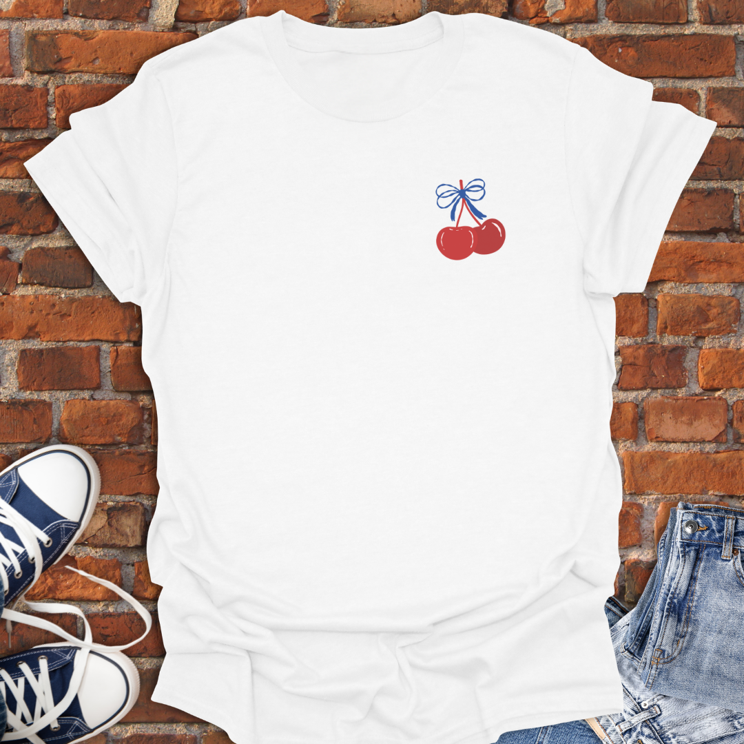 Cherry Coquette Blue Bow -pocket style Softstyle T-Shirt size XS to 5XL