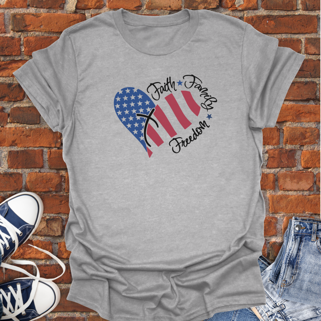 Faith Family Freedom Heart -stars & stripes Softstyle T-Shirt size XS to 5XL