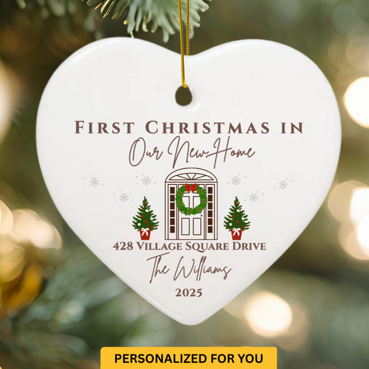 Personalized “First Christmas in Our New Home” Ornament – Heart Shape, Doorway Design with Address, Name & Year