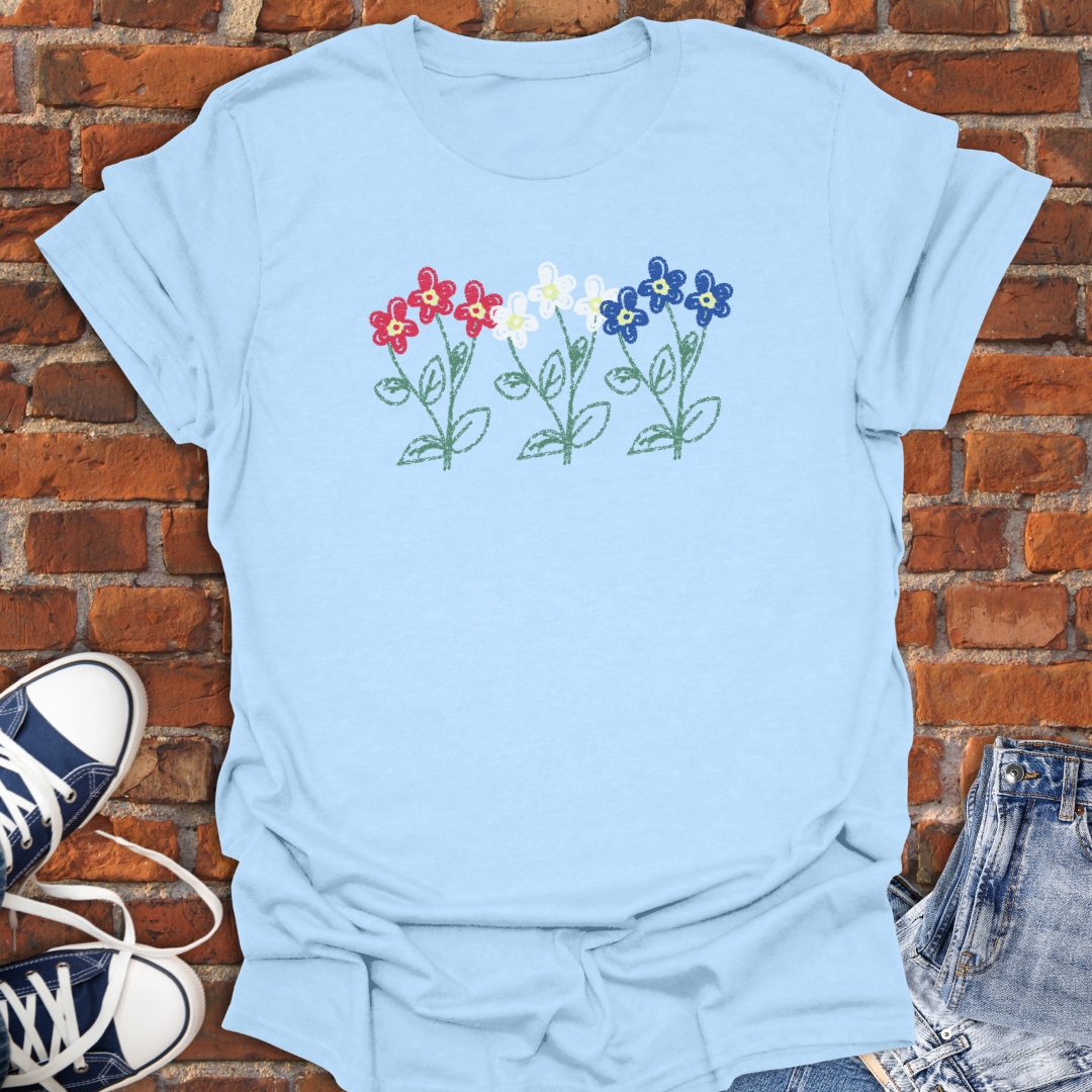 Flowers Doodle Sketch -red white & blue Softstyle T-Shirt size XS to 5XL