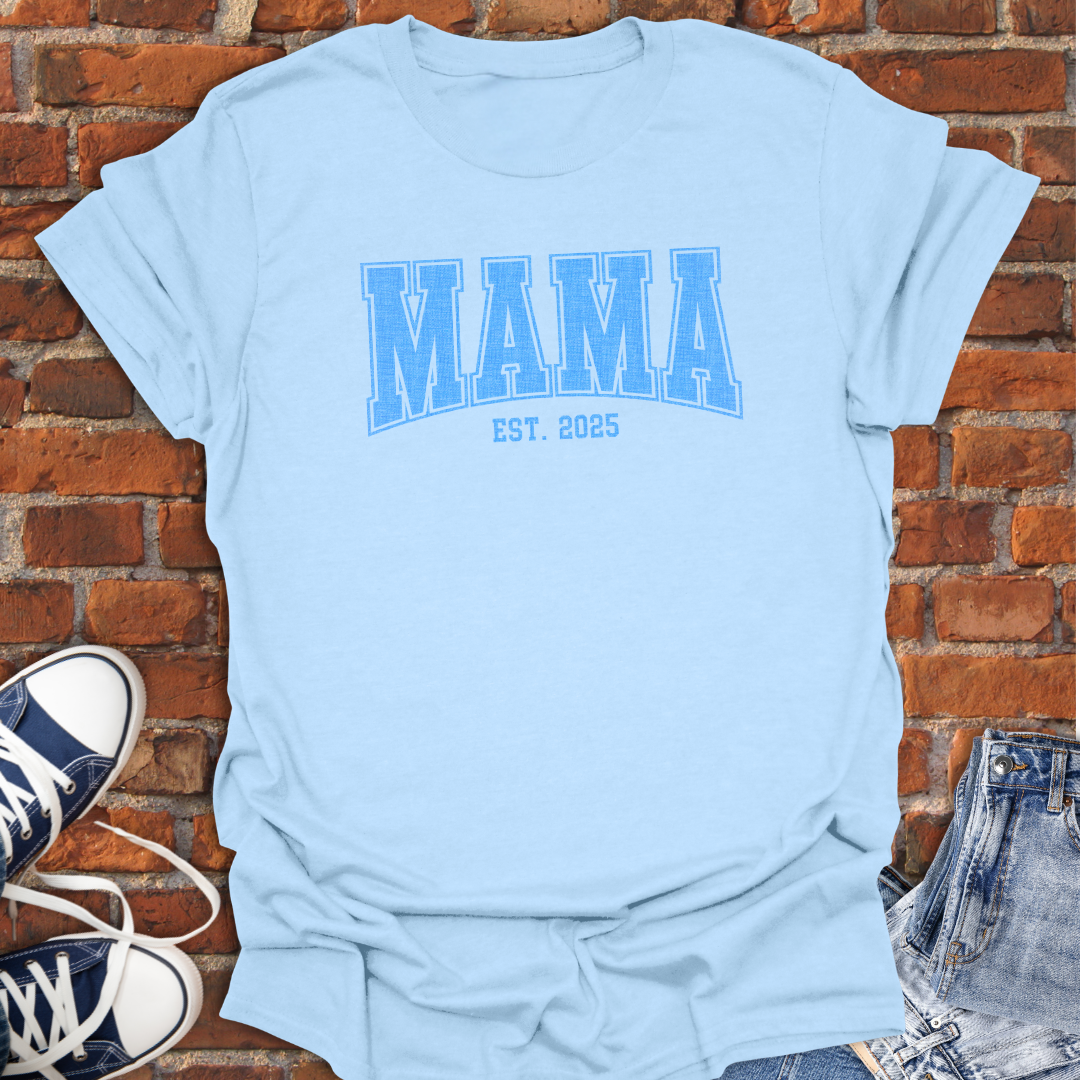 MAMA EST Blue varsity curved Softstyle T-Shirt size XS to 5XL