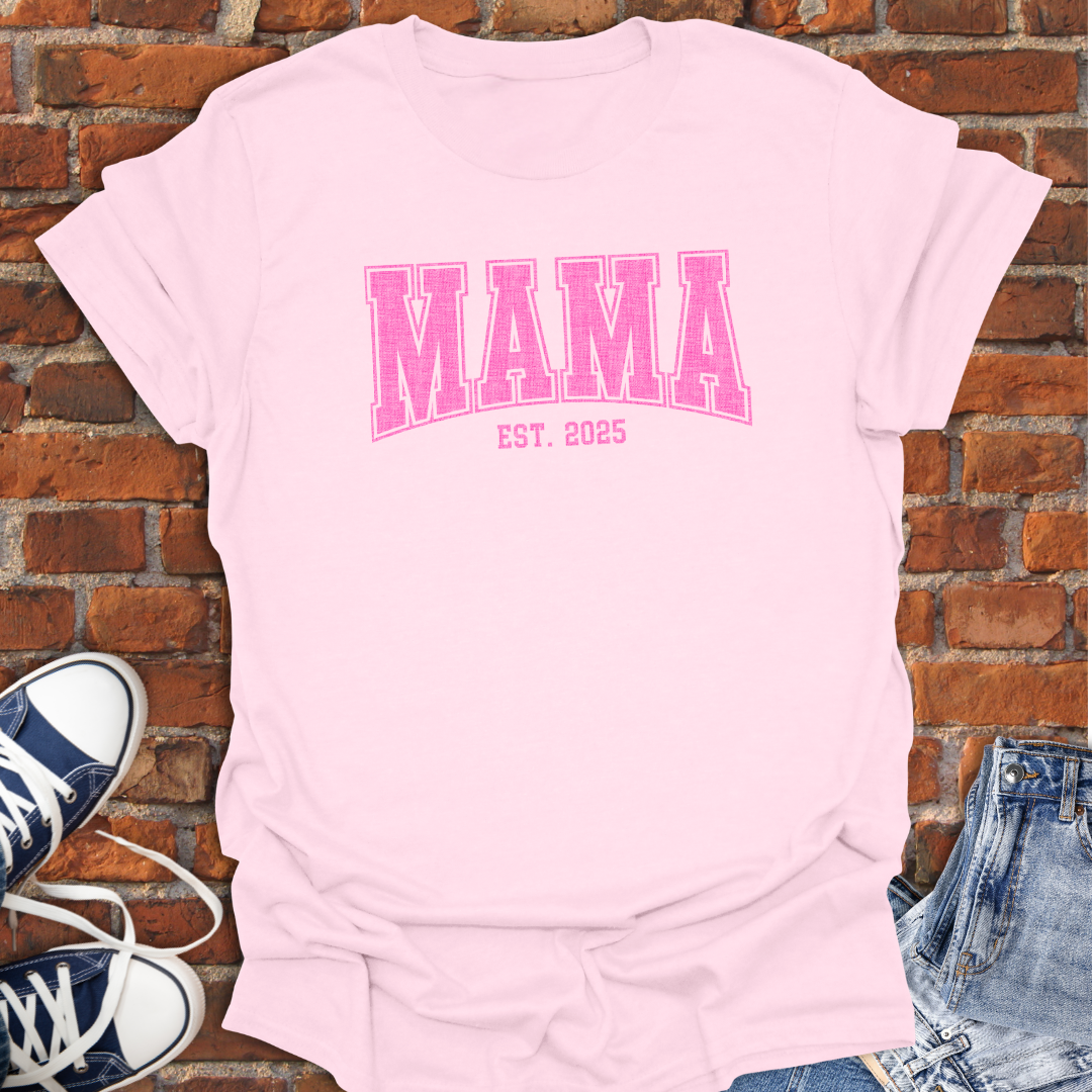 MAMA EST Pink varsity curved Softstyle T-Shirt size XS to 5XL