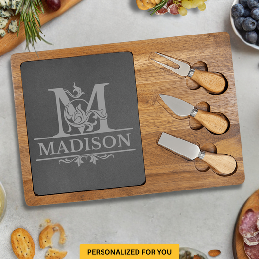 Personalized Charcuterie Board with Monogram Flourish -Custom Engraved Housewarming, Wedding & Closing Gift