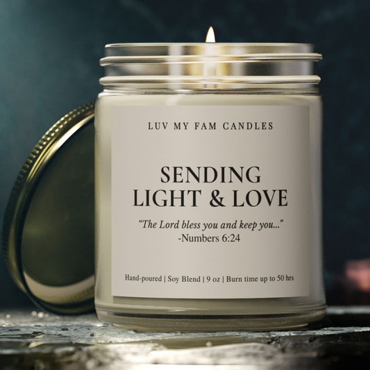 Sending Light & Love – Numbers 6:24 Candle with Scripture | 9oz Coconut Apricot Wax