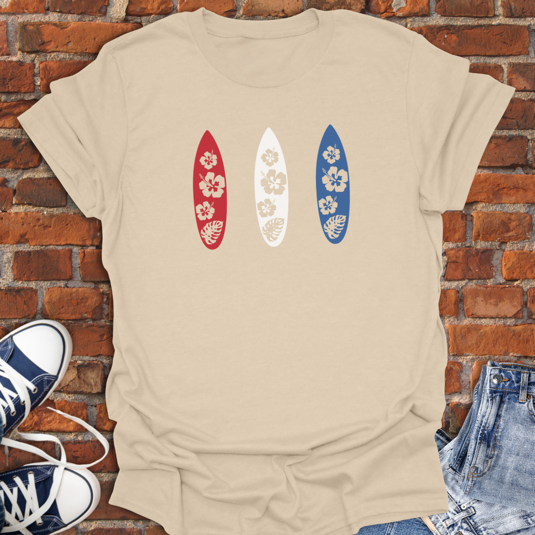 Surf Boards with Hibiscus Flowers-red white & blue Softstyle T-Shirt size XS to 5XL