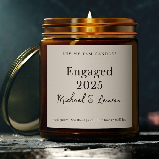 Personalized Engaged 2025 Candle – Custom Name Engagement Gift | 9oz Coconut Apricot Wax