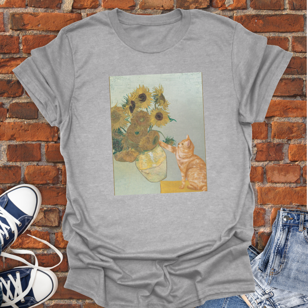 Cat Van Gogh Sunflower Vase Knocked Over Softstyle T-Shirt size XS to 5XL