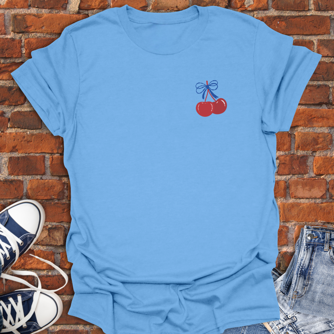 Cherry Coquette Blue Bow -pocket style Softstyle T-Shirt size XS to 5XL