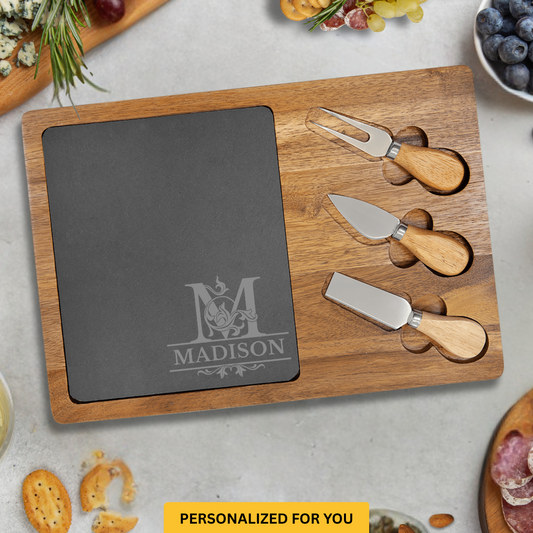 Personalized Charcuterie Board with Corner Monogram Flourish – Custom Engraved Housewarming, Wedding & Closing Gift