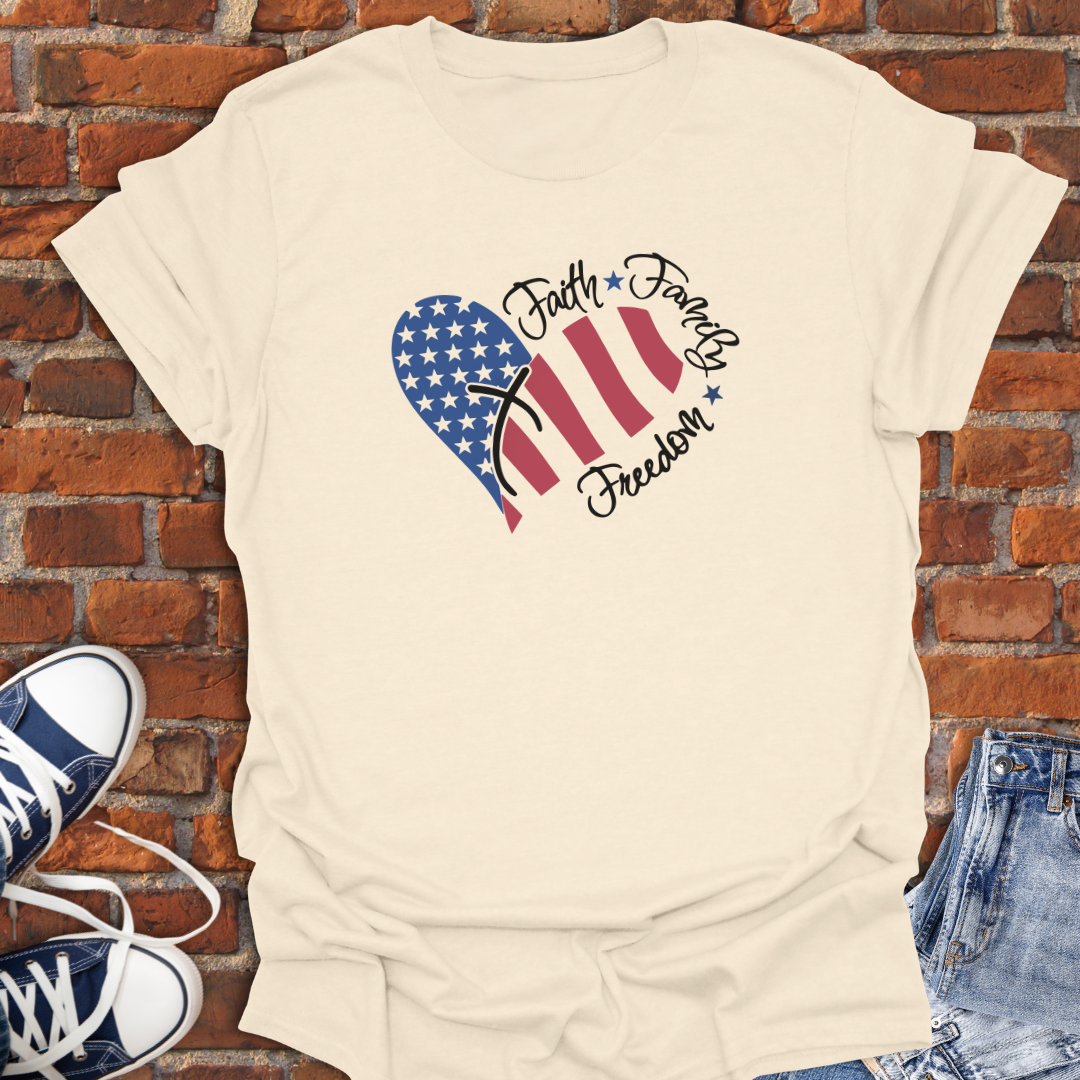 Faith Family Freedom Heart -stars & stripes Softstyle T-Shirt size XS to 5XL