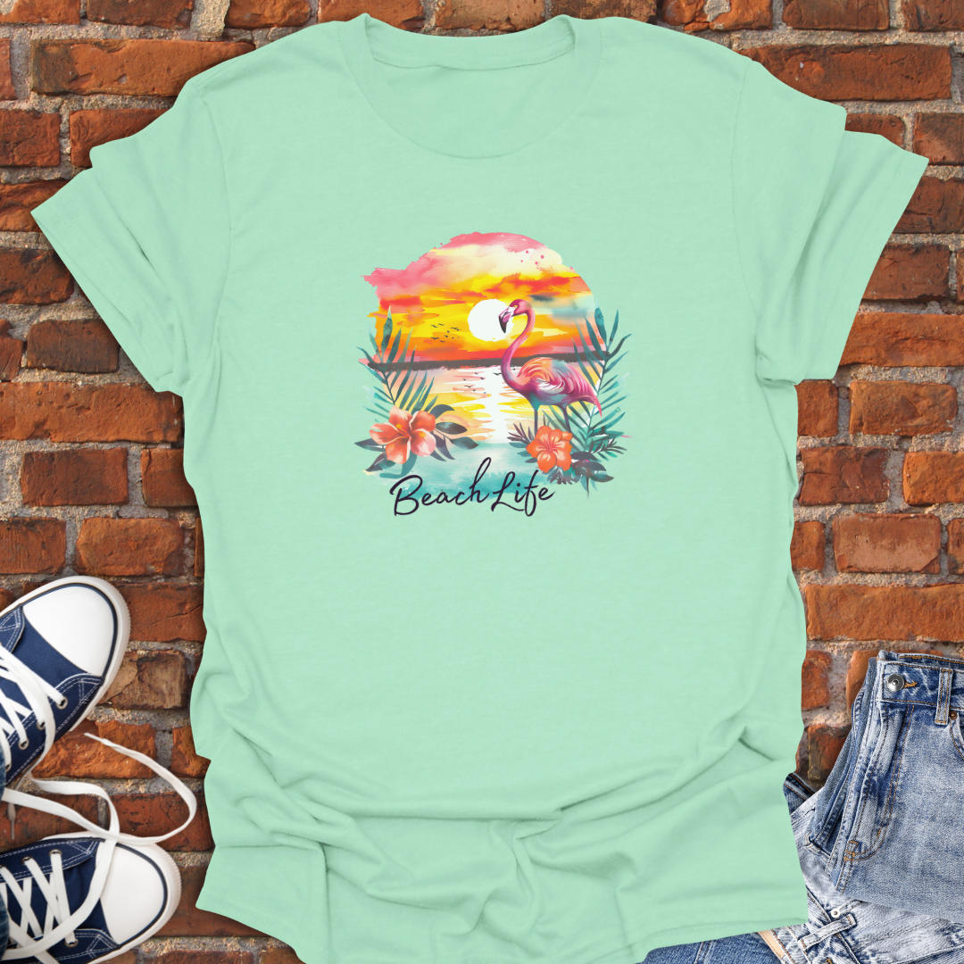 Flamingo at Sunset -Beach Life Softstyle T-Shirt size XS to 5XL