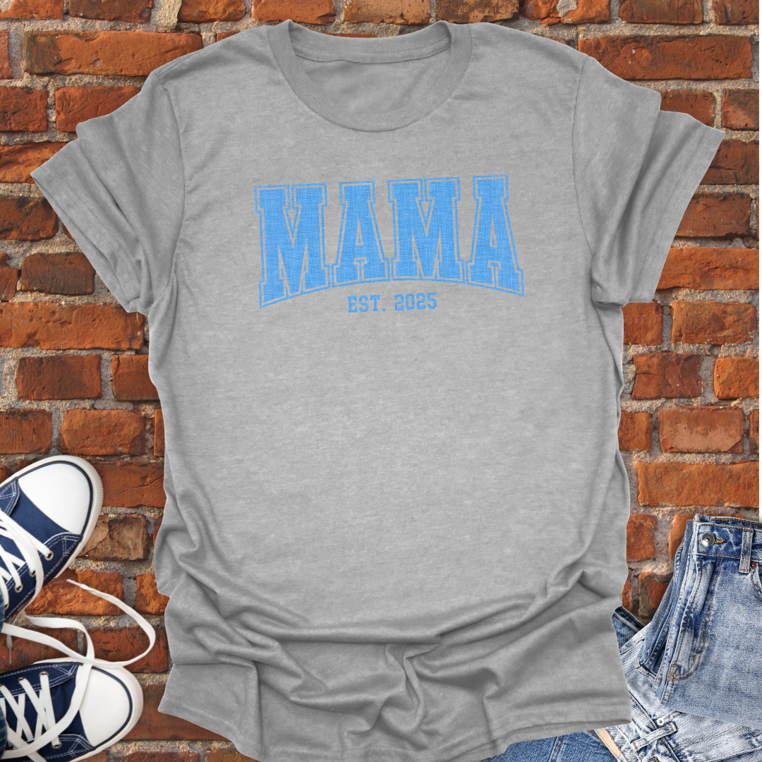 MAMA EST Blue varsity curved Softstyle T-Shirt size XS to 5XL