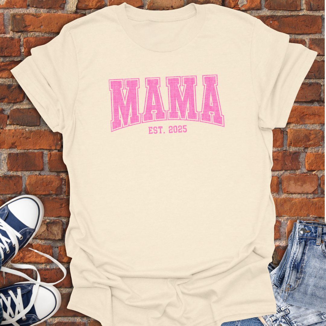 MAMA EST Pink varsity curved Softstyle T-Shirt size XS to 5XL