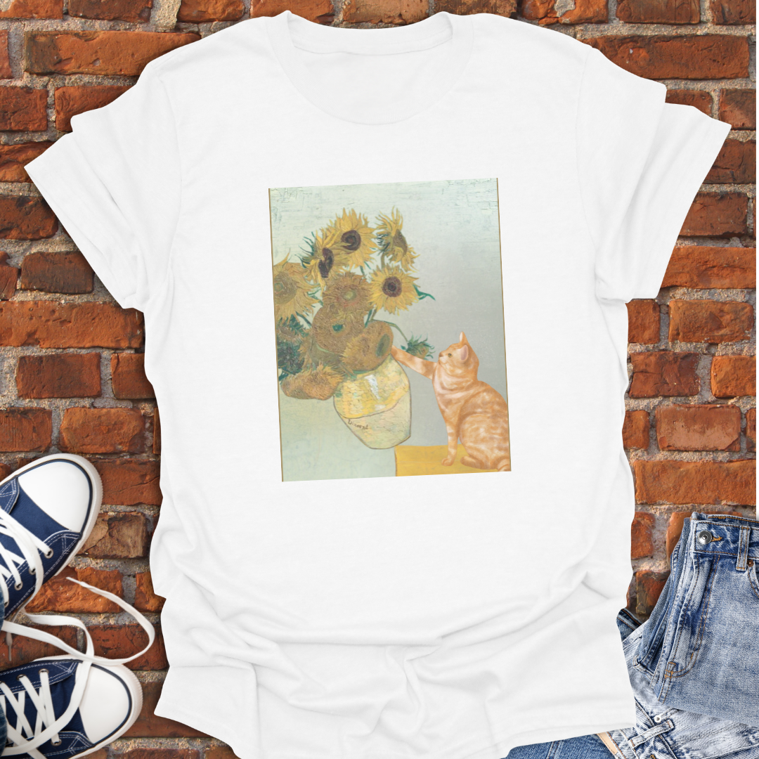 Cat Van Gogh Sunflower Vase Knocked Over Softstyle T-Shirt size XS to 5XL