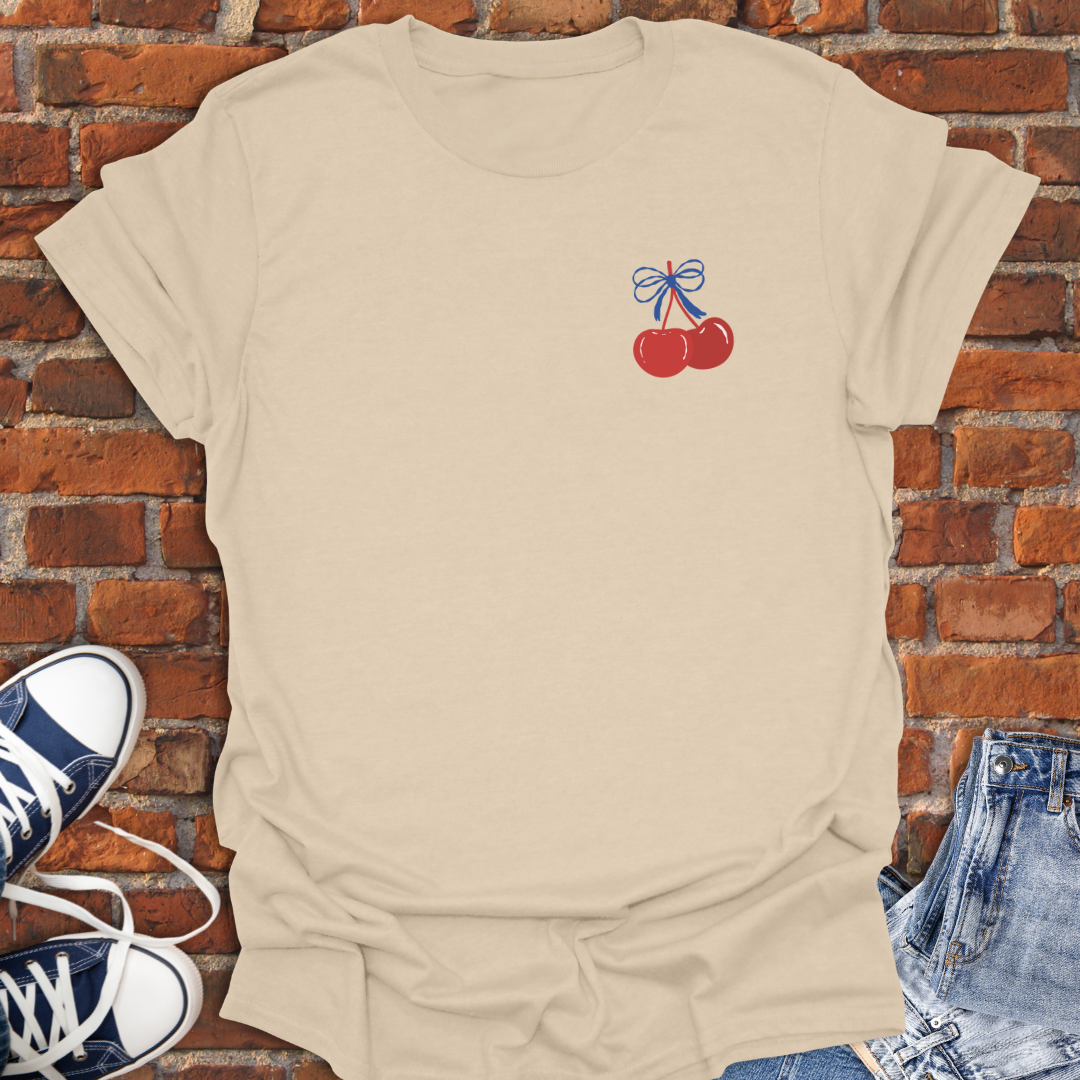 Cherry Coquette Blue Bow -pocket style Softstyle T-Shirt size XS to 5XL