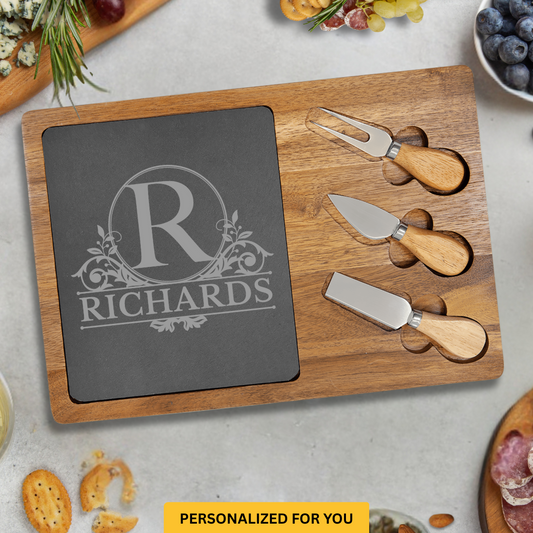 Personalized Charcuterie Board with Encircled Monogram Flourish – Custom Engraved Housewarming, Wedding & Closing Gift
