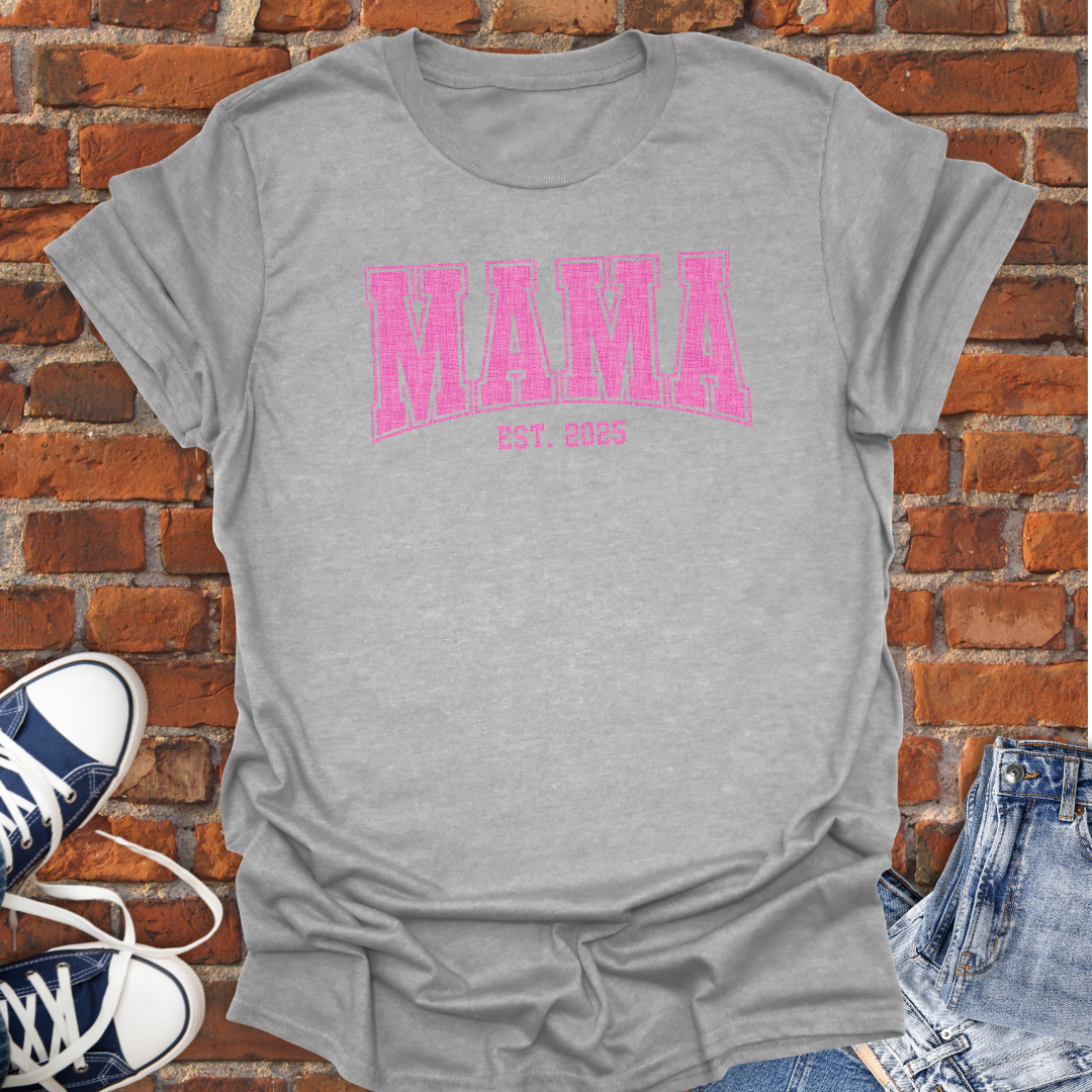 MAMA EST Pink varsity curved Softstyle T-Shirt size XS to 5XL
