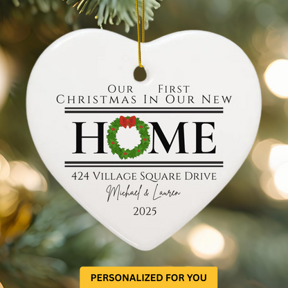 Personalized “Our First Christmas in Our New Home” Ornament – Heart Shape, Wreath Lettering with Address, Name & Year