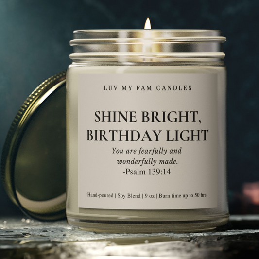 Shine Bright, Birthday Light – Psalm 139:14 Candle with Scripture | 9oz Coconut Apricot Wax