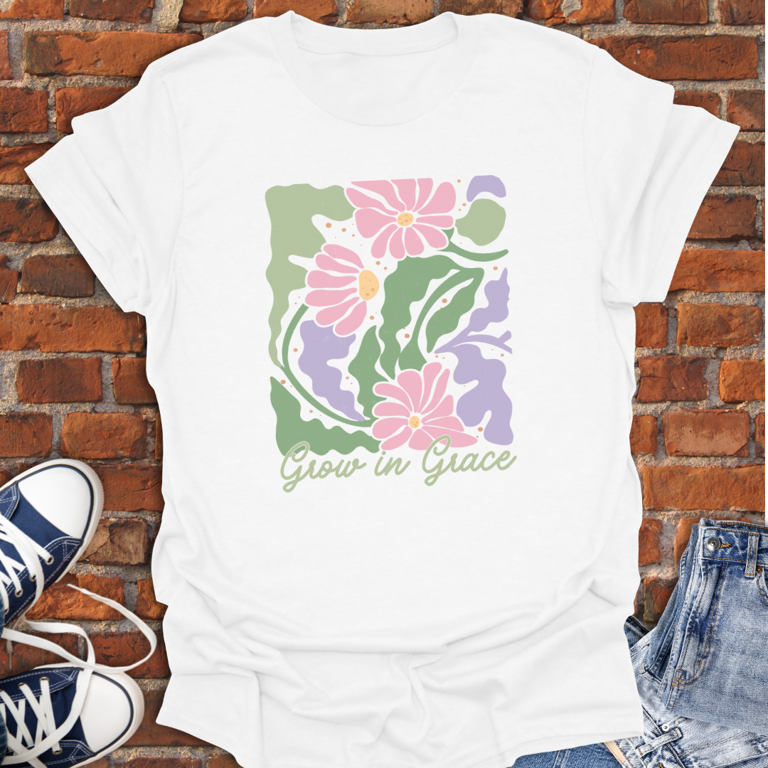 Grow in Grace -boho pink purple floral Faith T-Shirt size XS to 5XL