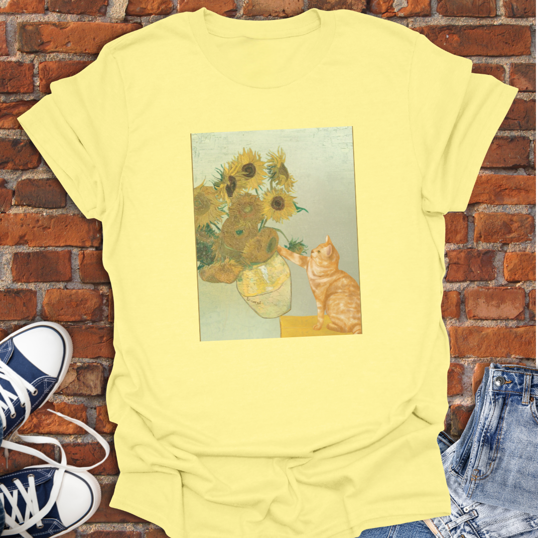 Cat Van Gogh Sunflower Vase Knocked Over Softstyle T-Shirt size XS to 5XL