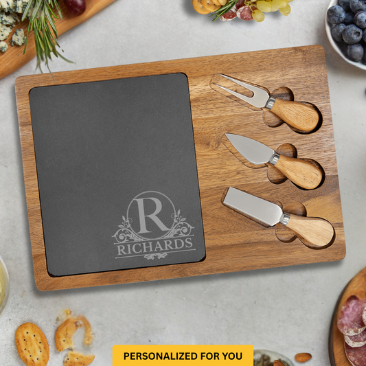 Personalized Charcuterie Board with Corner Encircled Monogram Flourish – Custom Engraved Housewarming. Wedding & Closing Gift